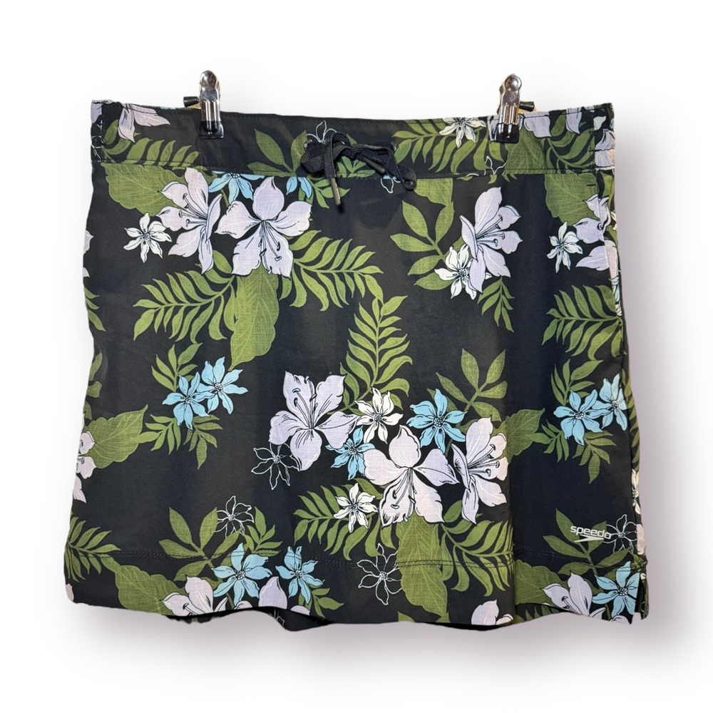 Speedo Size L Black Green White Floral Tropical Elastic Waist Summer Swim Skort